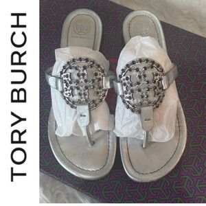 Tory Burch Rhinestone Embellished Silver Miller Sandals